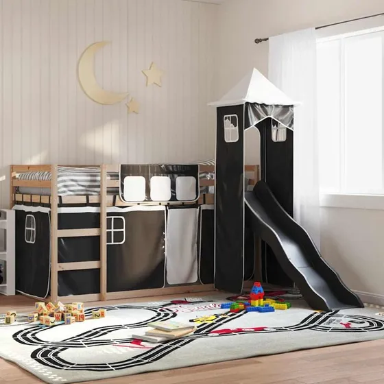 Køjeseng med rutsjebane & forhæng 80x200 cm - massivt fyrretræ