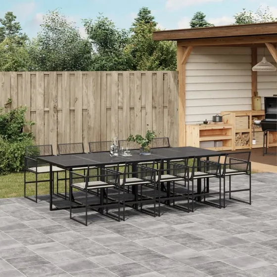 Spisebordssæt i polyrattan 11 dele – sort med hynder