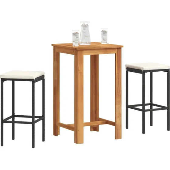 Barst 3 dele i akacietr og sort polyrattan