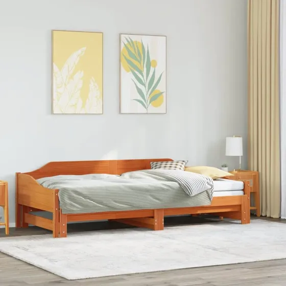 Daybed m. udtrk 90x190 cm i massivt fyrretr gyldenbrun