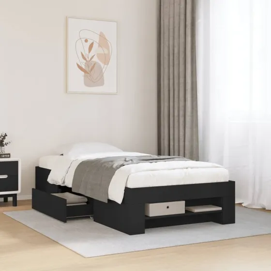 Sengeramme 75x190 cm i sort konstrueret træ med opbevaring