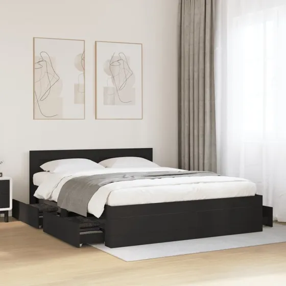 Sengeramme 160x200 cm med hovedgærde og opbevaring – Sort