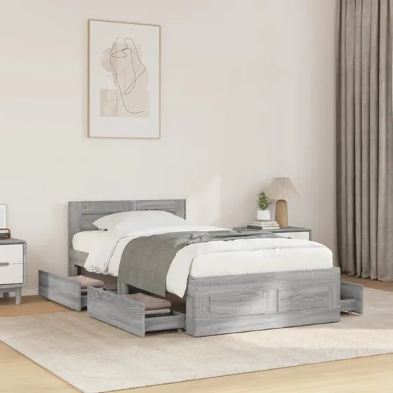 Sengeramme med sengegavl 90x200 cm - konstrueret træ, betongrå
