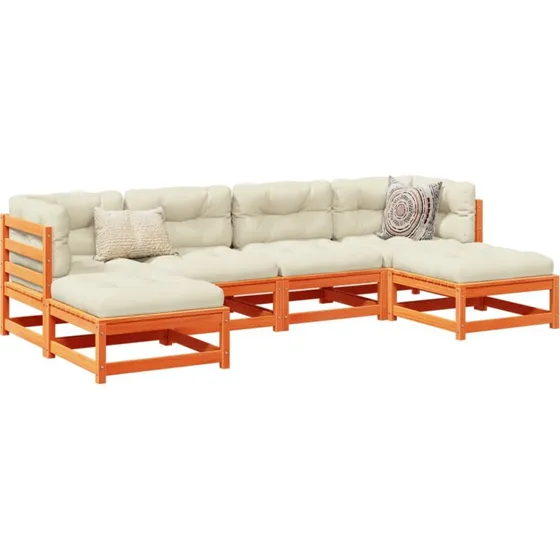 Havesofasæt 6 dele i massivt fyr med hynder, gyldenbrun