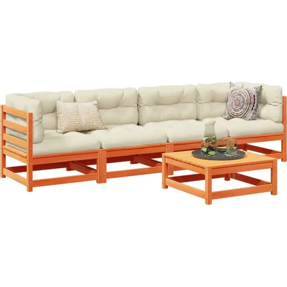 Loungesæt i massivt fyr 5 dele med hynder - gyldenbrun