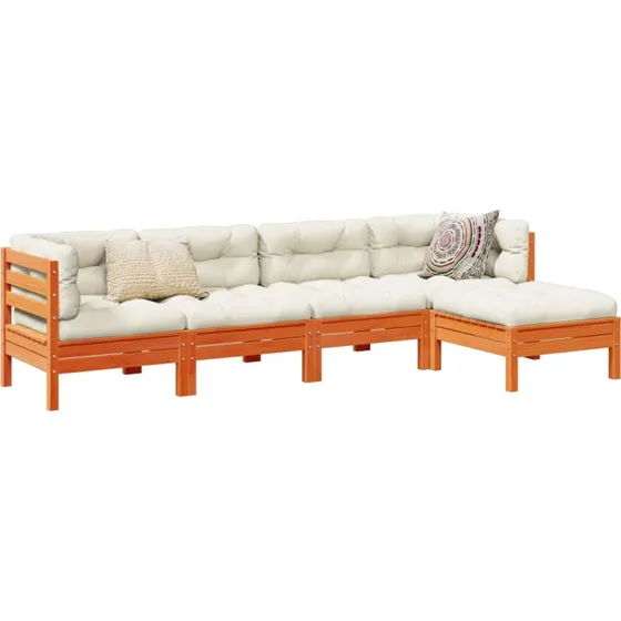 Loungesæt i massivt fyr 5 dele med hynder – gyldenbrun