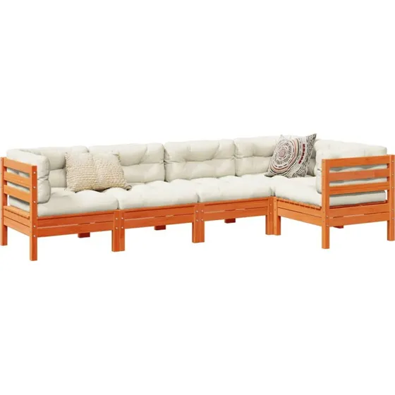 Loungesæt i massivt fyrtræ 5 dele med hynder – gyldenbrun