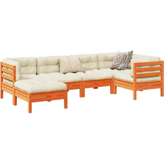 Havesofasæt 6 dele i massivt fyr med hynder - gyldenbrun