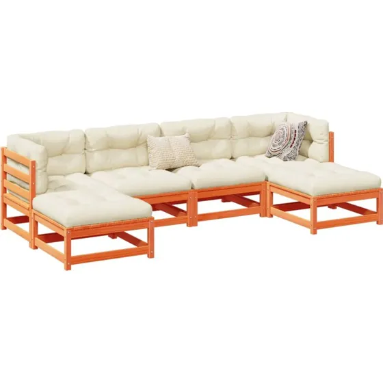 Havesofasæt 6 dele i massivt fyr med hynder - gyldenbrun