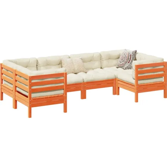 Havesofasæt 6 dele i massivt fyr med hynder - gyldenbrun