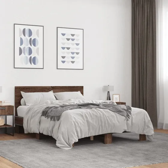 Sengestel 140x190 cm i konstrueret træ og metal - brun egetræ