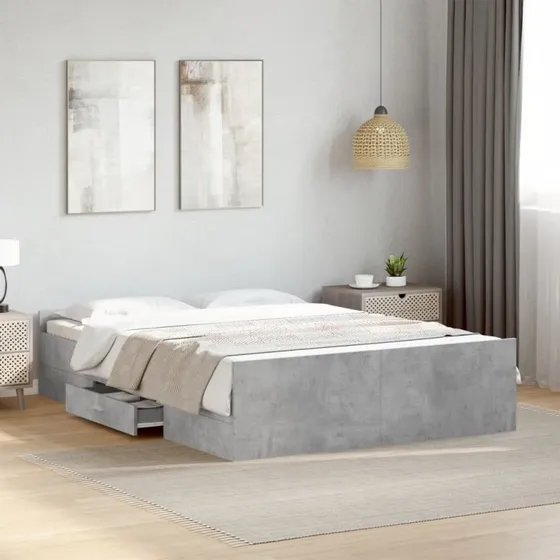 Sengeramme med skuffer 135x190 cm – konstrueret træ, betongrå