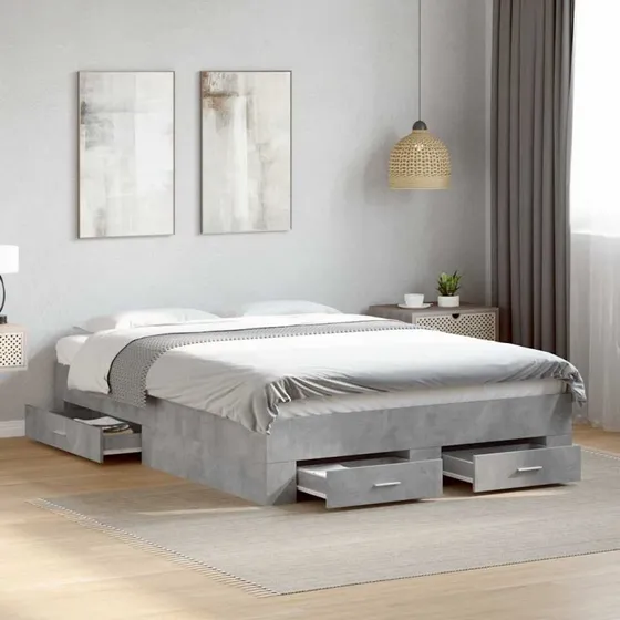 Sengeramme med skuffer 135x190 cm - Betongrå konstrueret træ