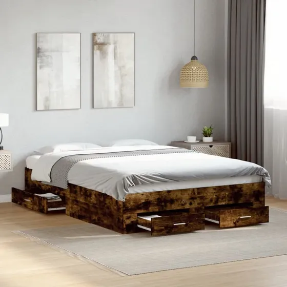 Sengeramme med skuffer 120x190 cm - Røget eg, konstrueret træ