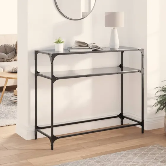 Konsolbord med sort glastop og stålstel 98x35x81 cm