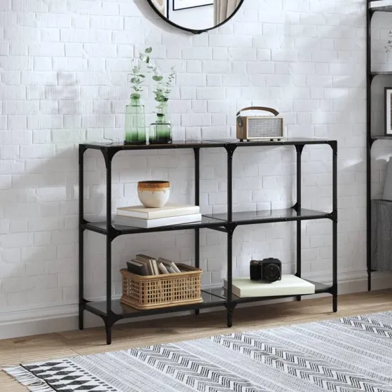 Konsolbord med sort glastop 118,5x30x81 cm – stålstel