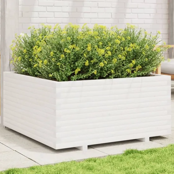 Plantekasse i massivt fyrretræ 100x100x49,5 cm – hvid