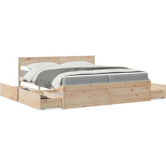 Seng 200x200 cm med skuffer & pocketmadras i massivt fyrretræ