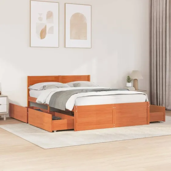 Sengeramme i massivt fyrretræ 135x190 cm med skuffer, brun