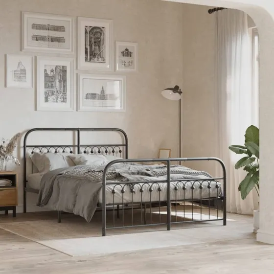 Sengeramme i metal med gavl og fodgærde 137x190 cm sort