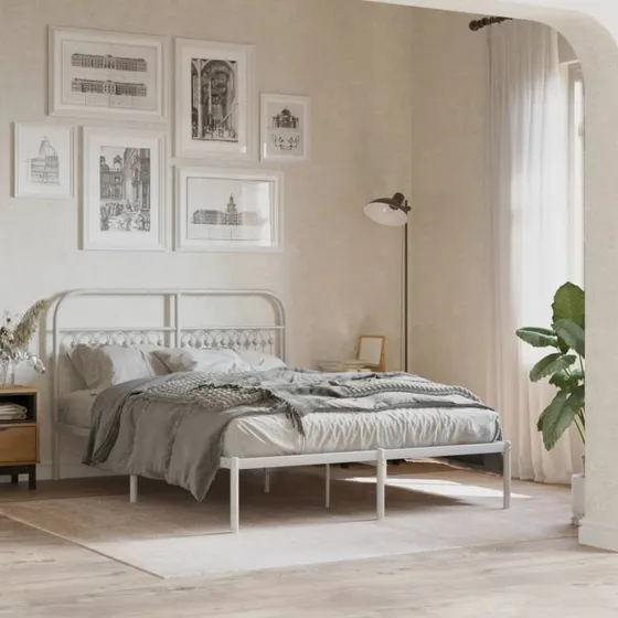 Sengeramme med sengegavl 135x190 cm - Hvid metal