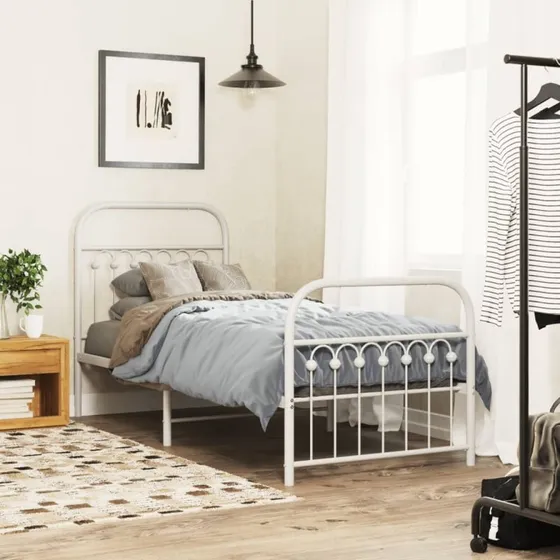 Sengeramme 80x200 cm med gavl og fodgærde – hvid metal