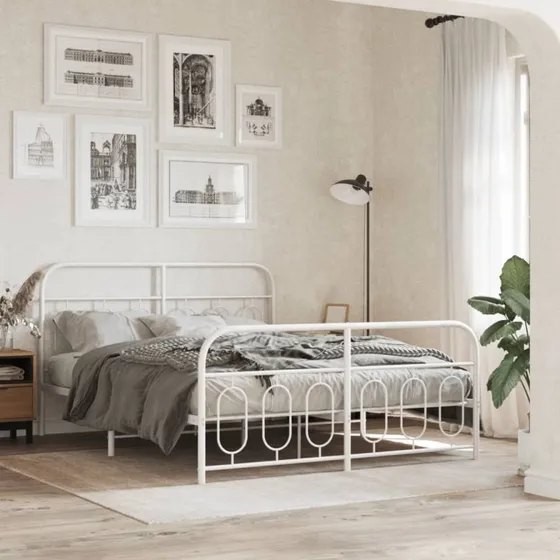 Sengeramme i metal med gavl og fodgærde 135x190 cm hvid