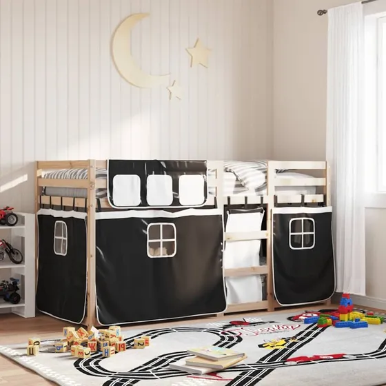 Køjeseng med gardiner 90x200 cm – massivt fyrretræ, hvid/sort