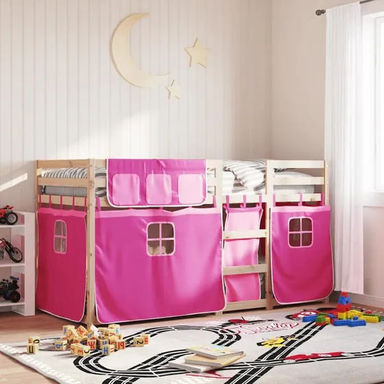 Køjeseng 90x190 cm i massivt fyrretræ med pink gardiner