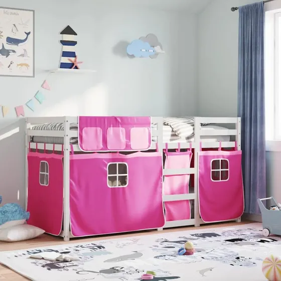 Køjeseng med gardiner 90x190 cm i massivt fyrretræ (pink)