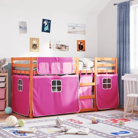 Køjeseng 90x190 cm i massivt fyrretræ med pink gardiner