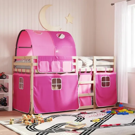 Køjeseng 90x190 cm i massivt fyrretræ med pink gardiner