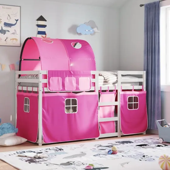 Køjeseng 75x190 cm i massivt fyrretræ med pink gardiner