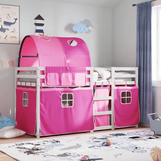 Køjeseng med gardiner 90x190 cm i massivt fyrretræ, pink