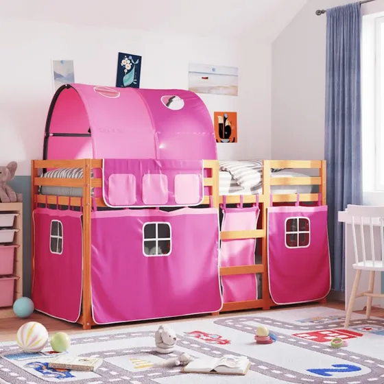 Køjeseng 90x200 cm i massivt fyrretræ med pink gardiner