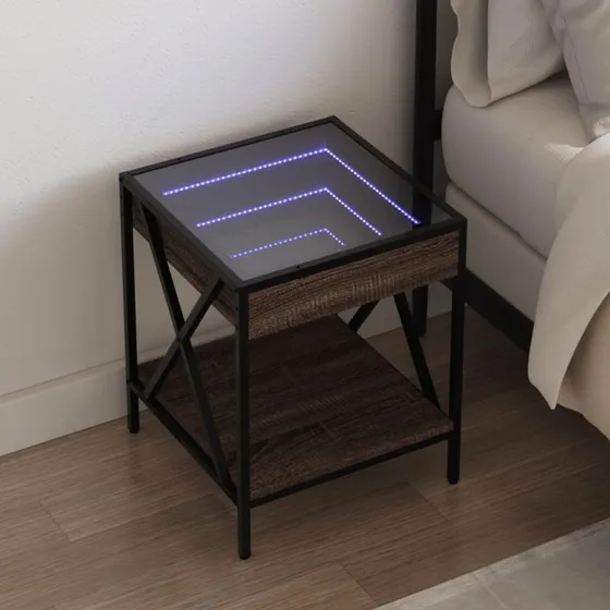 Sengebord med Infinity RGB-LED 40x40x49 cm, brun egetræ