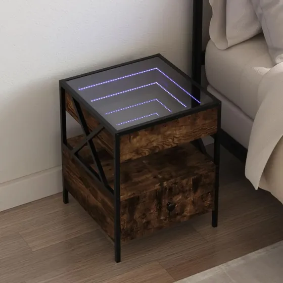 Sengebord med Infinity LED 40x40x51 cm - Røget egetræ