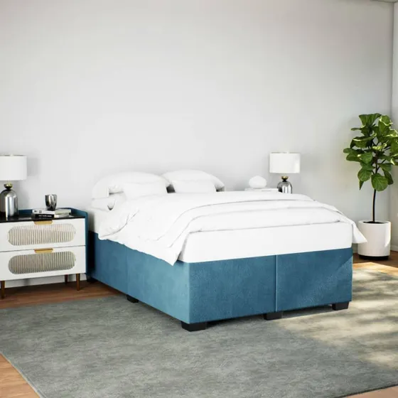Sengeramme 140x190 cm i fløjl – blå, med lameller