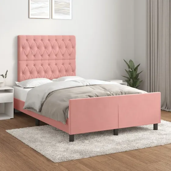 Sengeramme 120x190 cm i lyserød velour med gavl