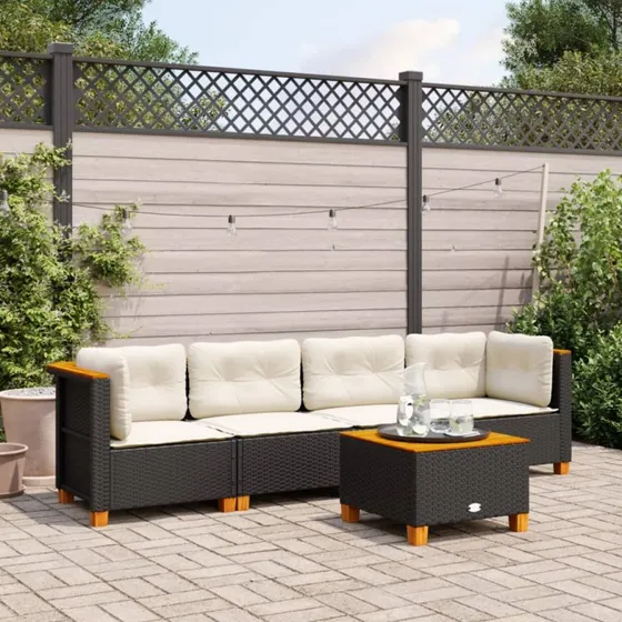 Havesofasæt 5 dele i sort polyrattan med hynder