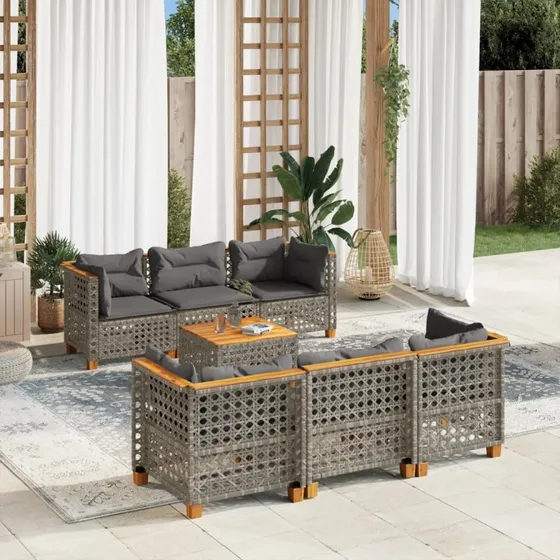 Havesofa sæt 7 dele i grå polyrattan med hynder