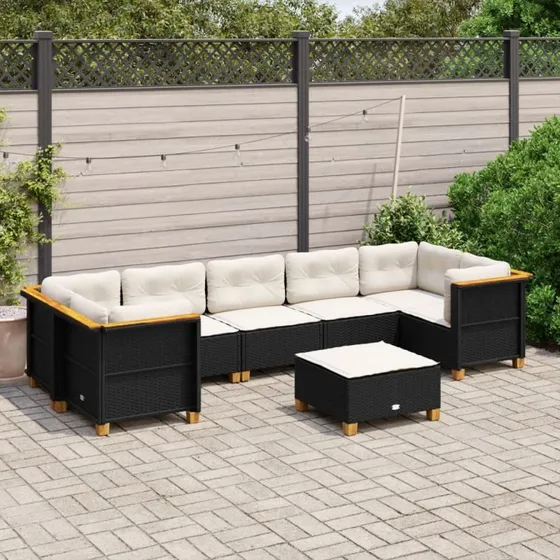 Havesofasæt 8 dele i sort polyrattan med hynder