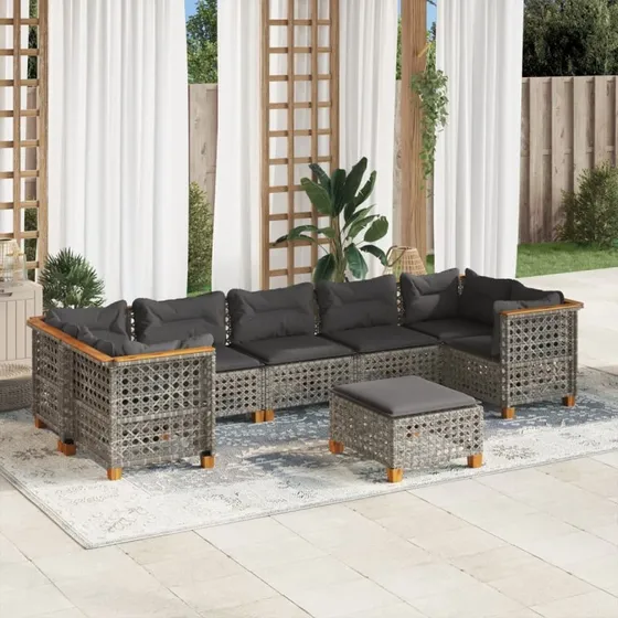 Havesofasæt 8 dele i grå polyrattan med hynder