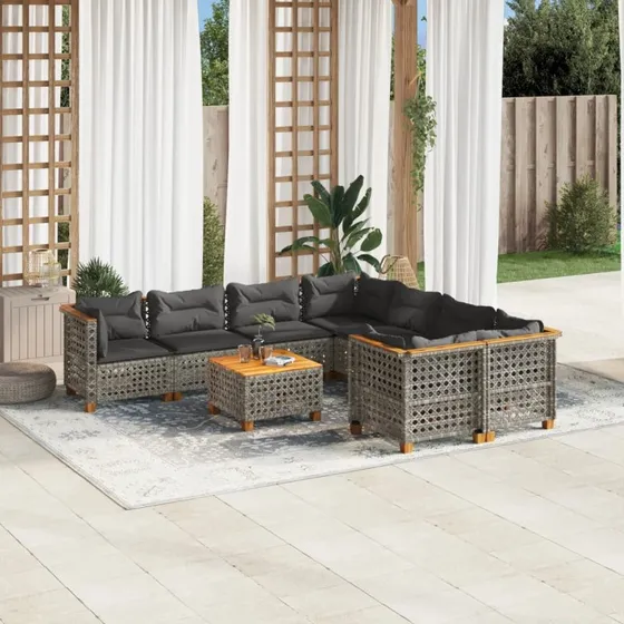 Havesofasæt 9 dele i grå polyrattan med hynder