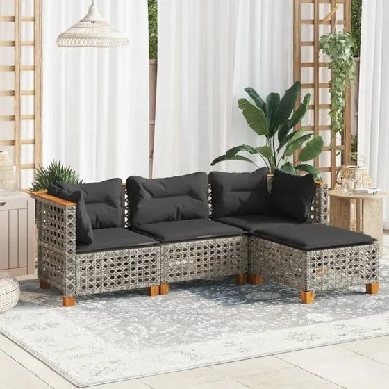 Havesofasæt 4 dele i polyrattan med hynder, grå