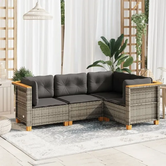 Havesofasæt 4 dele i grå polyrattan med hynder