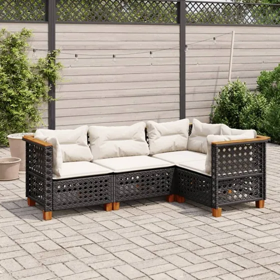 4-dele sofasæt til haven i sort polyrattan med hynder