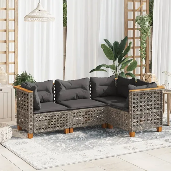 Havesofasæt 4 dele i grå polyrattan med hynder