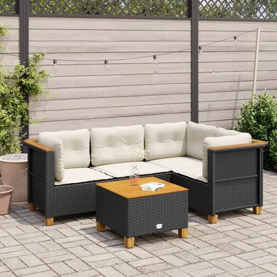 Havesofasæt 5 dele i sort polyrattan med hynder