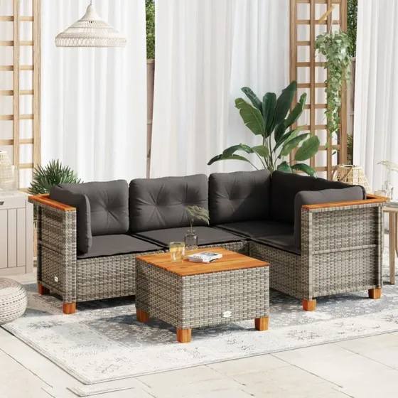 Havesofasæt 5 dele i grå polyrattan med hynder